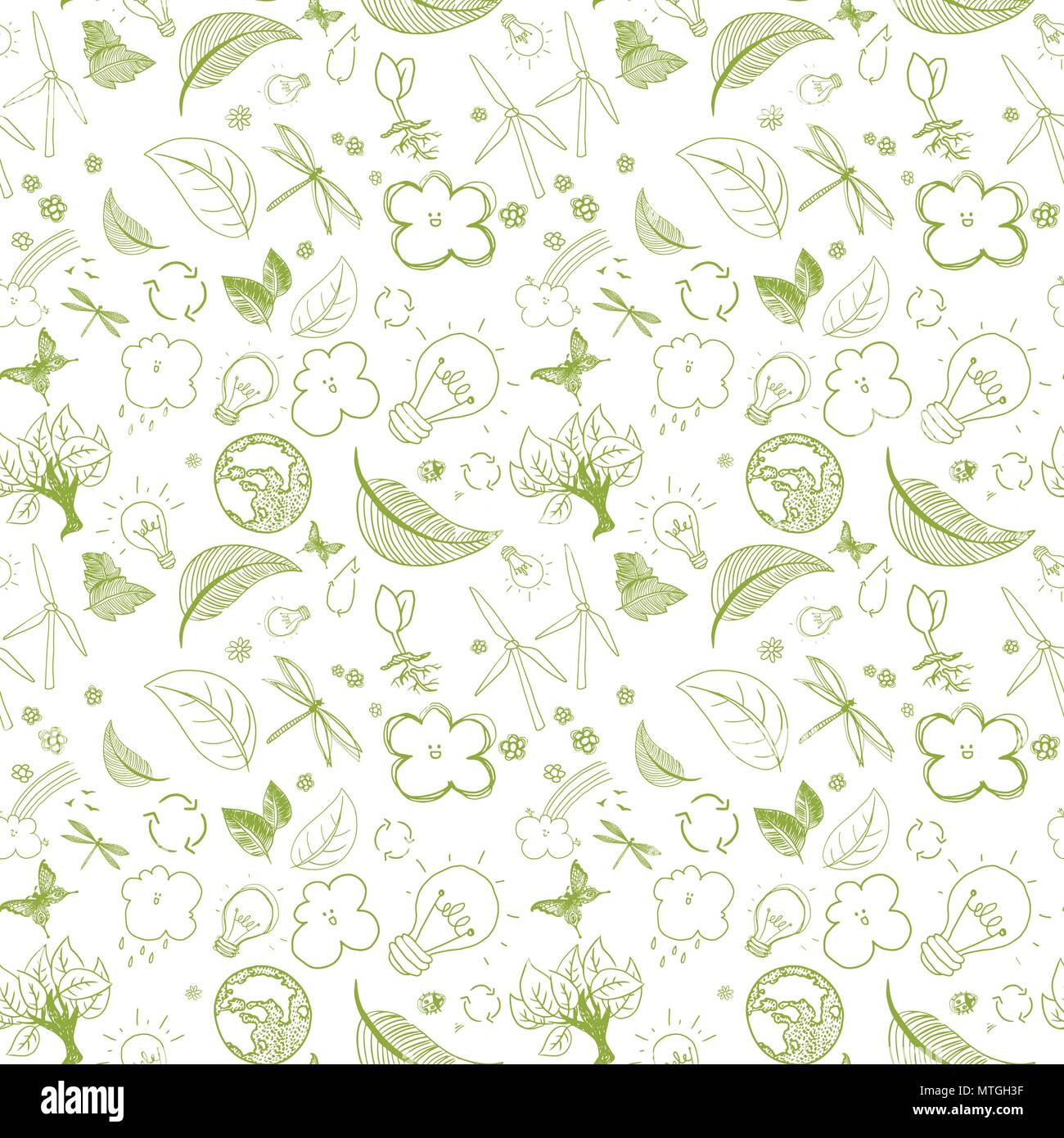 Seamless ecologic green doodles full vector illustrations Stock Vector