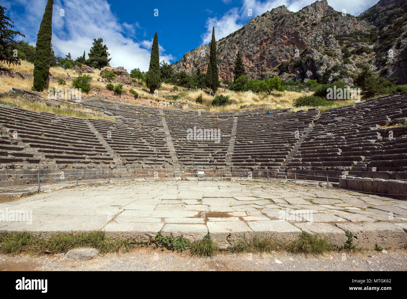 Panorama of Amphitheater in Ancient Greek archaeological site of Delphi ...