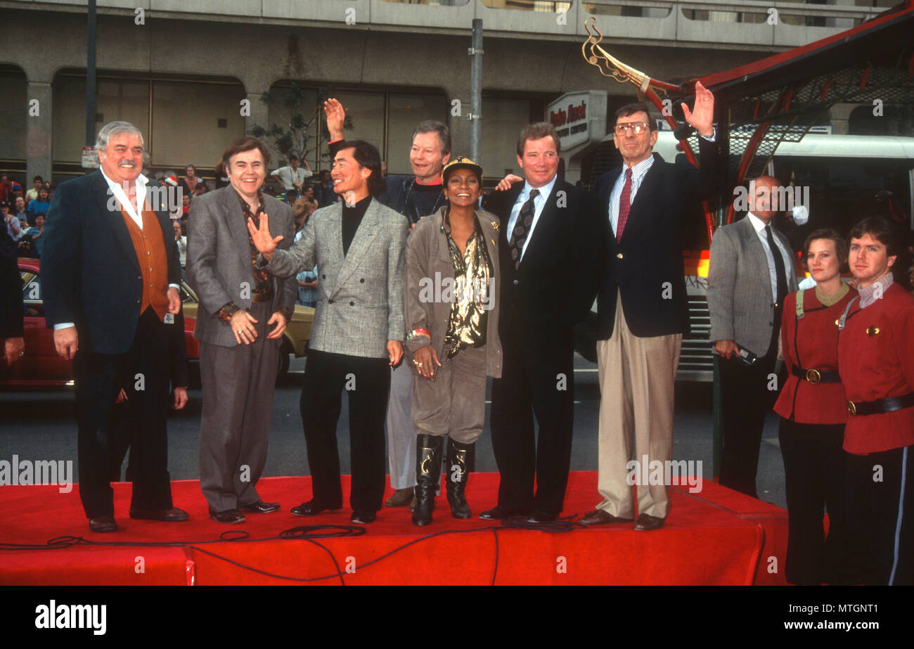 HOLLLYWOOD, CA - JUNE 12: (L-R) Actors James Doohan, Walter Koenig, George Takei, DeForest Kelley, Nichelle Nichols, William Shatner and Leonard Nimoy attend The Cast of 'Star Trek' Hand and Footprint Ceremony on June 12, 1991 at Mann's Chinese Theatre in Holllywood, California. Photo by Barry King/Alamy Stock Photo Stock Photo