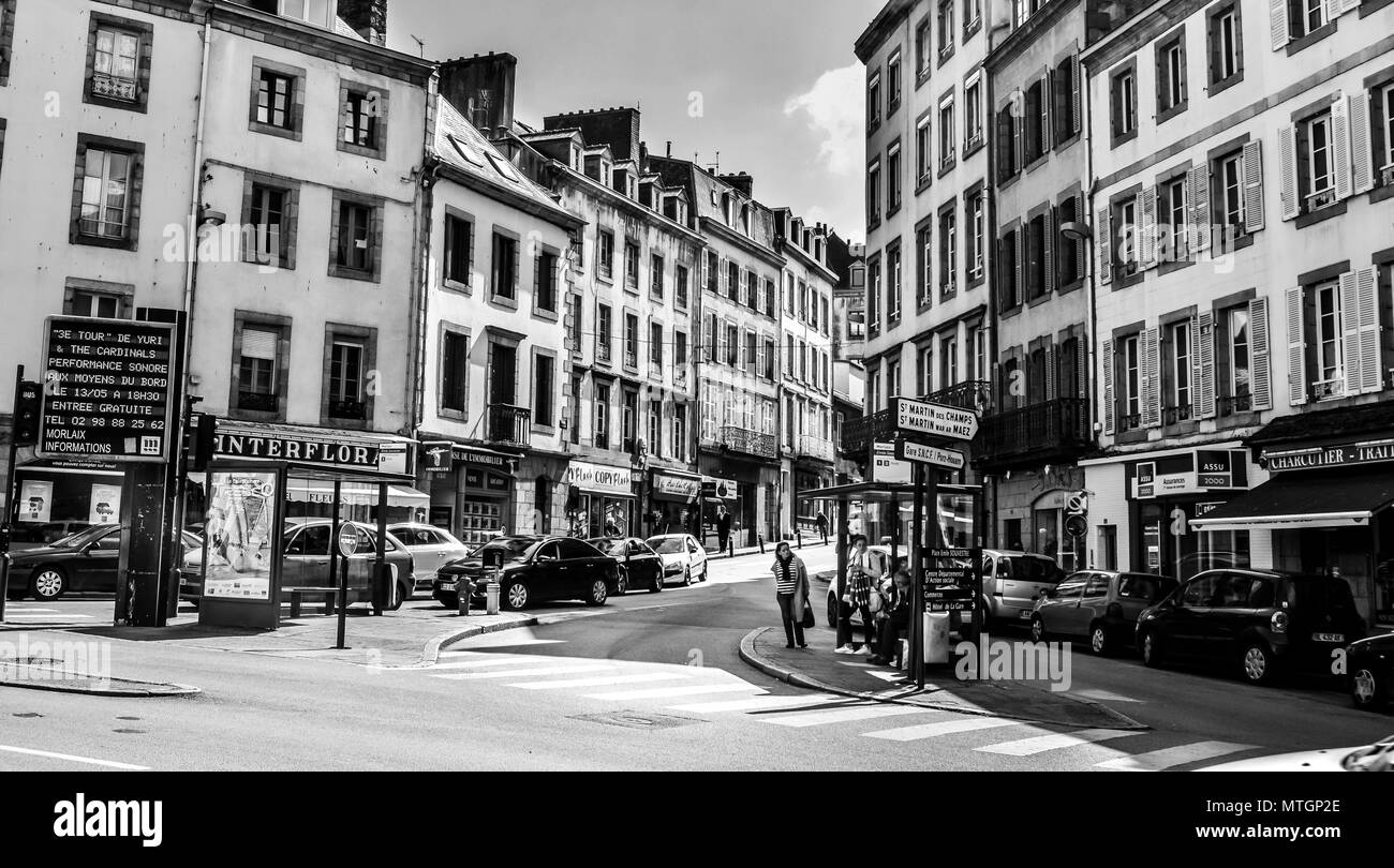 A busy intersection in Morlaix, Brittany, France. Black and white. B&W Stock Photo