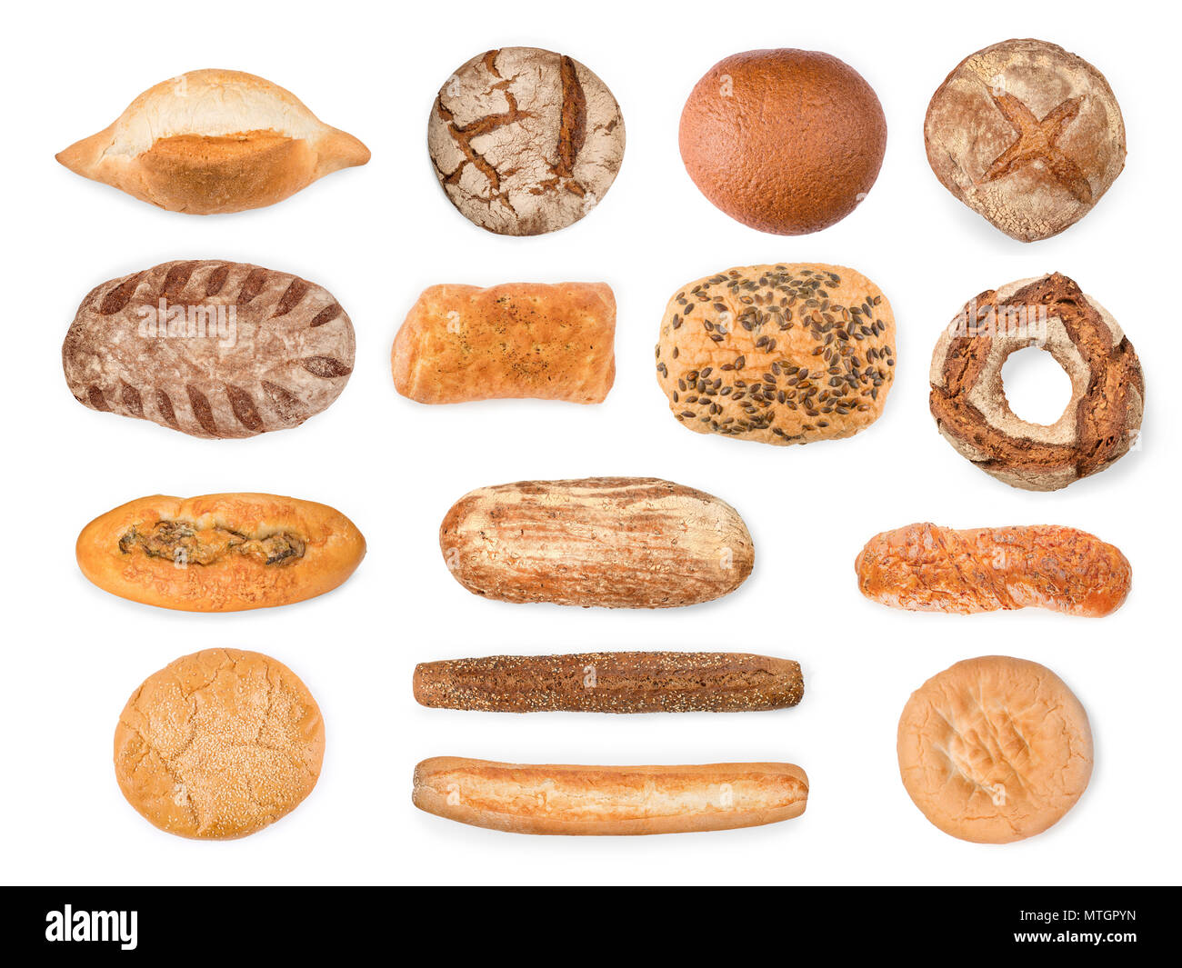Large bread, baguettes and cake collection. Top view isolated on white ...