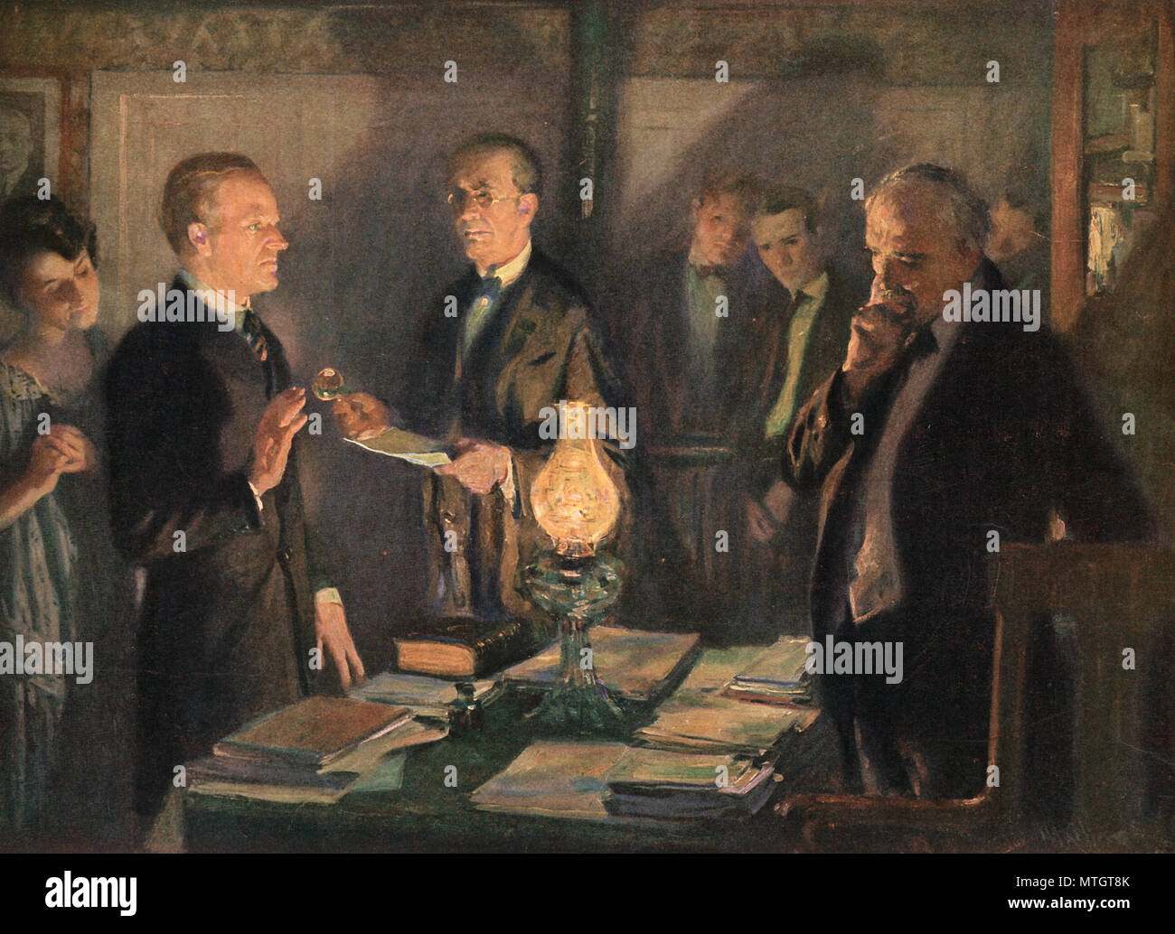 Calvin Coolidge taking the oath of office. August 3, 1923 Stock Photo