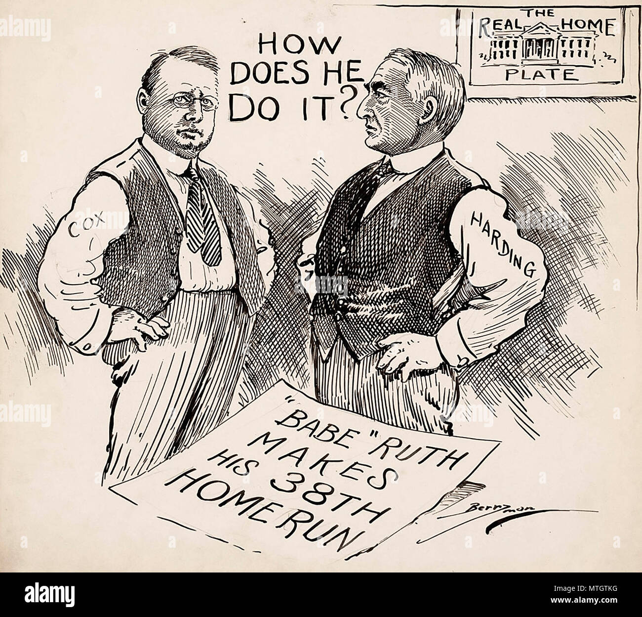 'How does he do it?' Presidential candidates Warren G. Harding and James M. Cox take time out to ponder another big story of 1920, Babe Ruth's record-breaking home run tally (he hit 54, breaking his own record of 29). Stock Photo