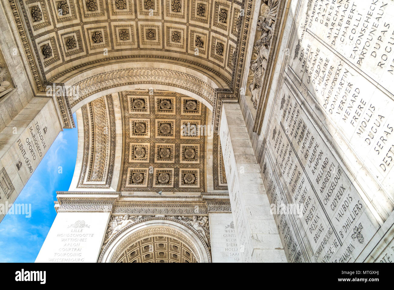 The roof of the Arc de Triomphe in Paris showing the 21 sculpted roses in the ceiling Stock Photo