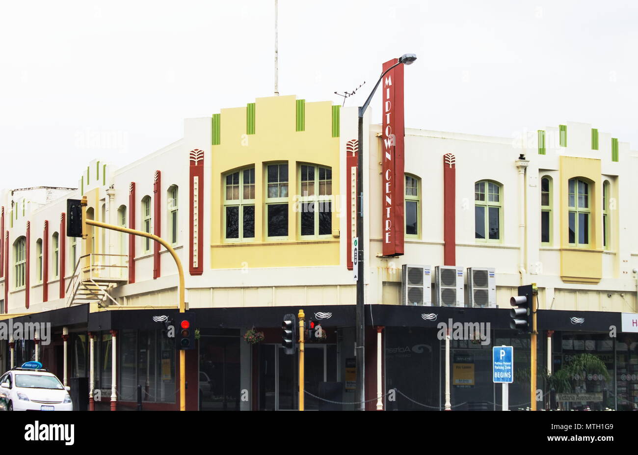 Whanganui, New Zealand - 2 July 2016: Art Deco Architecture of the Midtown Centre Building located on the corner of Victoria Avenue and Guyton Street. Stock Photo