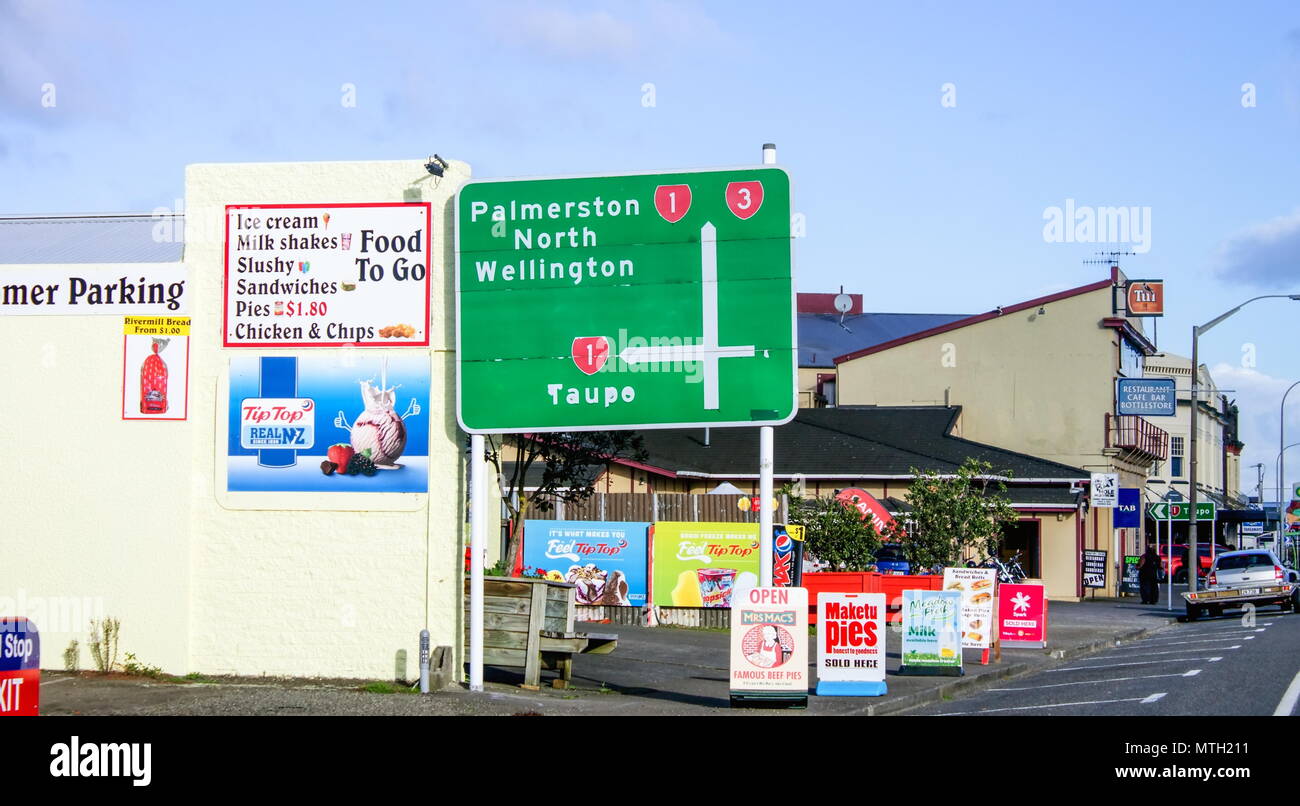 Bulls, New Zealand - 2 July 2016: Road sign on Bridge street on State Highway Three. Stock Photo