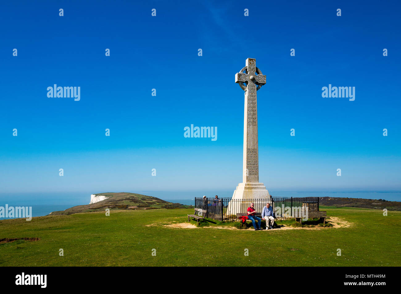 The monument to Alfred, Lord Tennyson on Tennyson Down, near Freshwater, Isle of Wight, Hampshire, UK Stock Photo