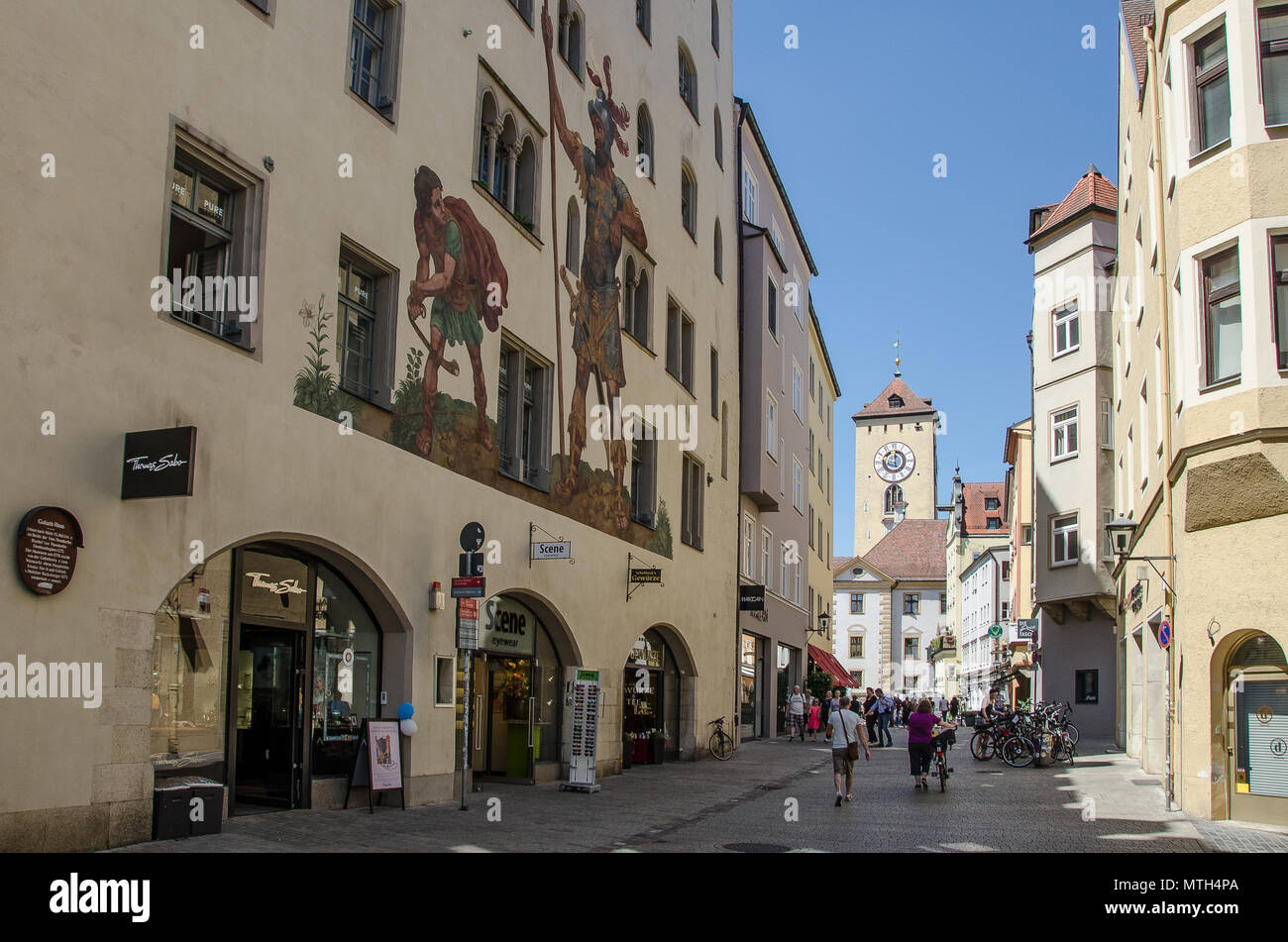 The Goliath House, with its painting of the fight between David and Goliath, is one of the landmarks of the UNESCO World Heritage City of Regensburg. Stock Photo