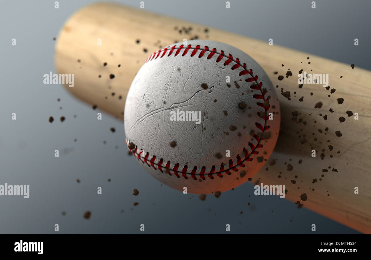 An extreme closeup slow motion action capture of a baseball ball striking a wooden bat with dirt particles emanating on a dark isolated background - 3 Stock Photo