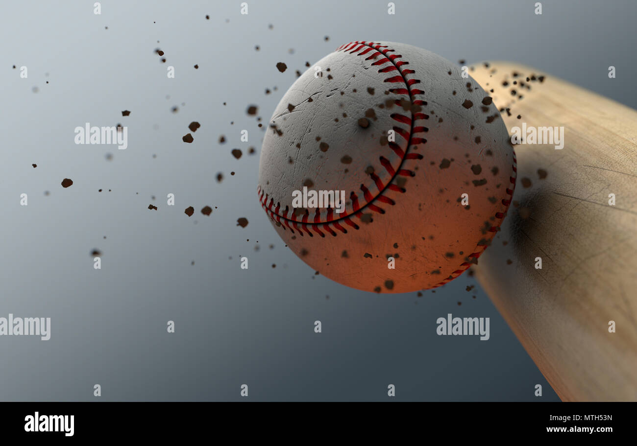 An extreme closeup slow motion action capture of a baseball ball striking a wooden bat with dirt particles emanating on a dark isolated background - 3 Stock Photo