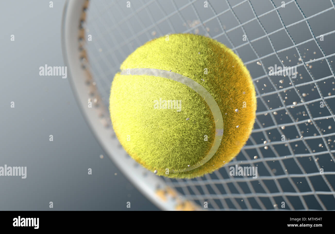 An extreme closeup slow motion action capture of a tennis ball striking a  racquet with dirt particles emanating on a dark isolated background - 3D  ren Stock Photo - Alamy