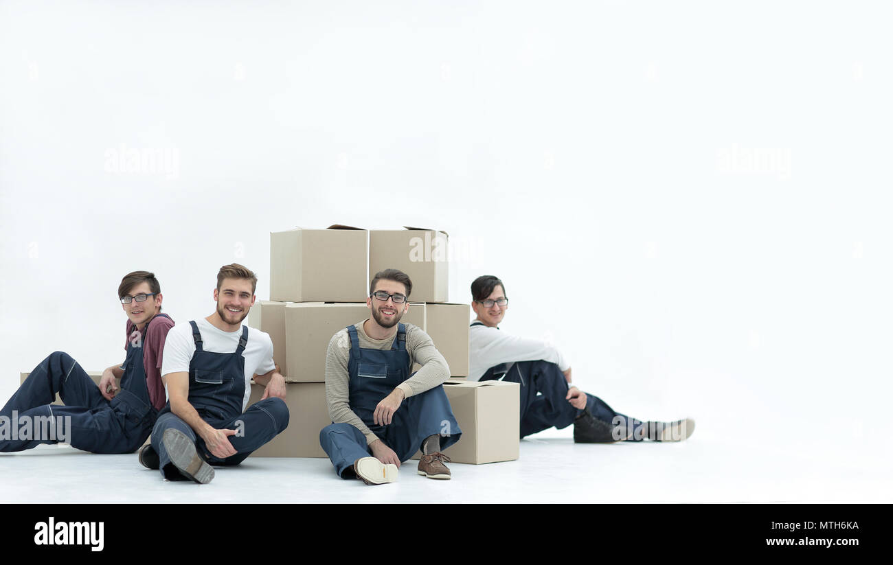 Stack Box Employee Cheerful workers with stacked boxes isolated on white Stock Photo - Alamy