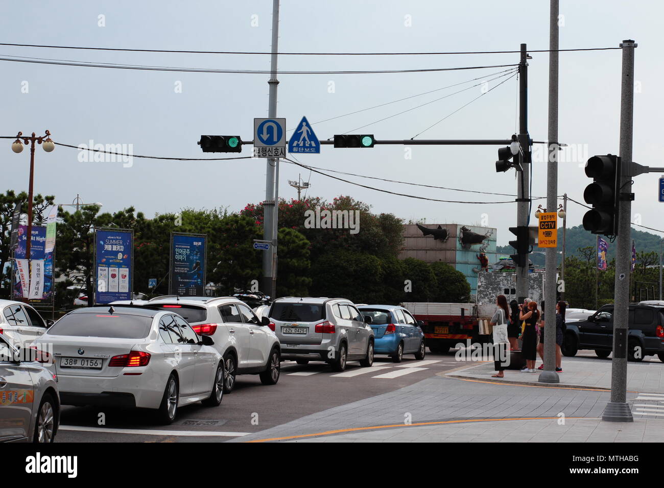 Street movement in Haeundae, Busan, South Korea. Cars waits for traffic