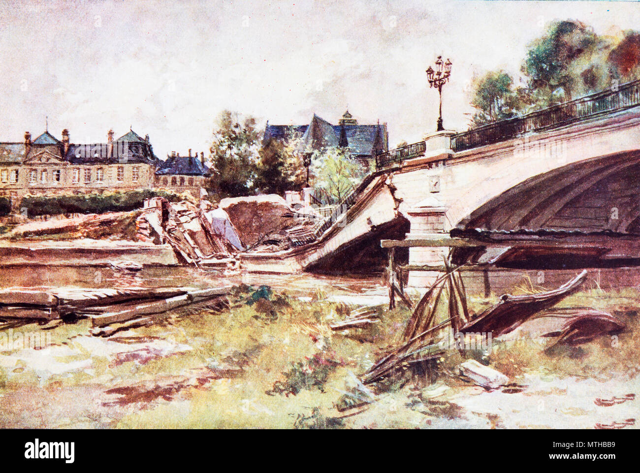 Soissons bridge over Aisne river after bombing raid, 1915, France Stock Photo