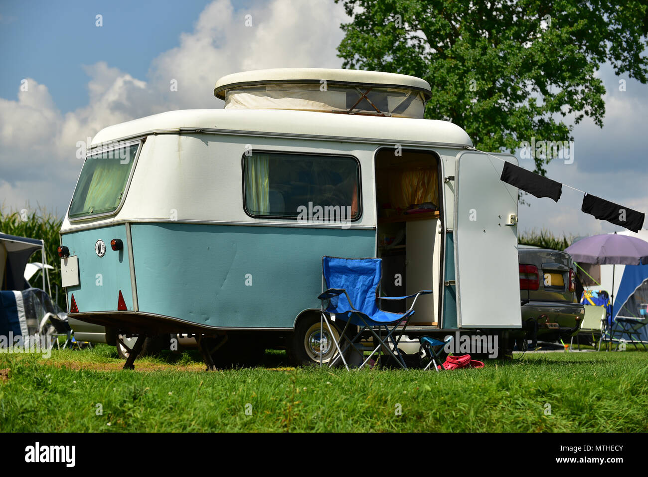 Vintage caravan on a campsite Stock Photo