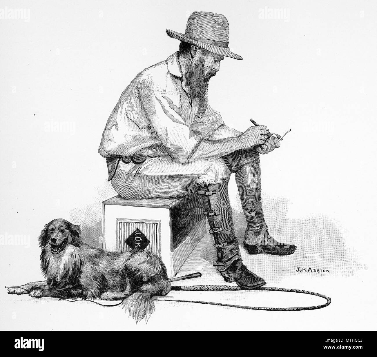 Engraving of a squatter with his dog, Australia. From the Picturesque Atlas of Australasia Vol 3, 1886 Stock Photo