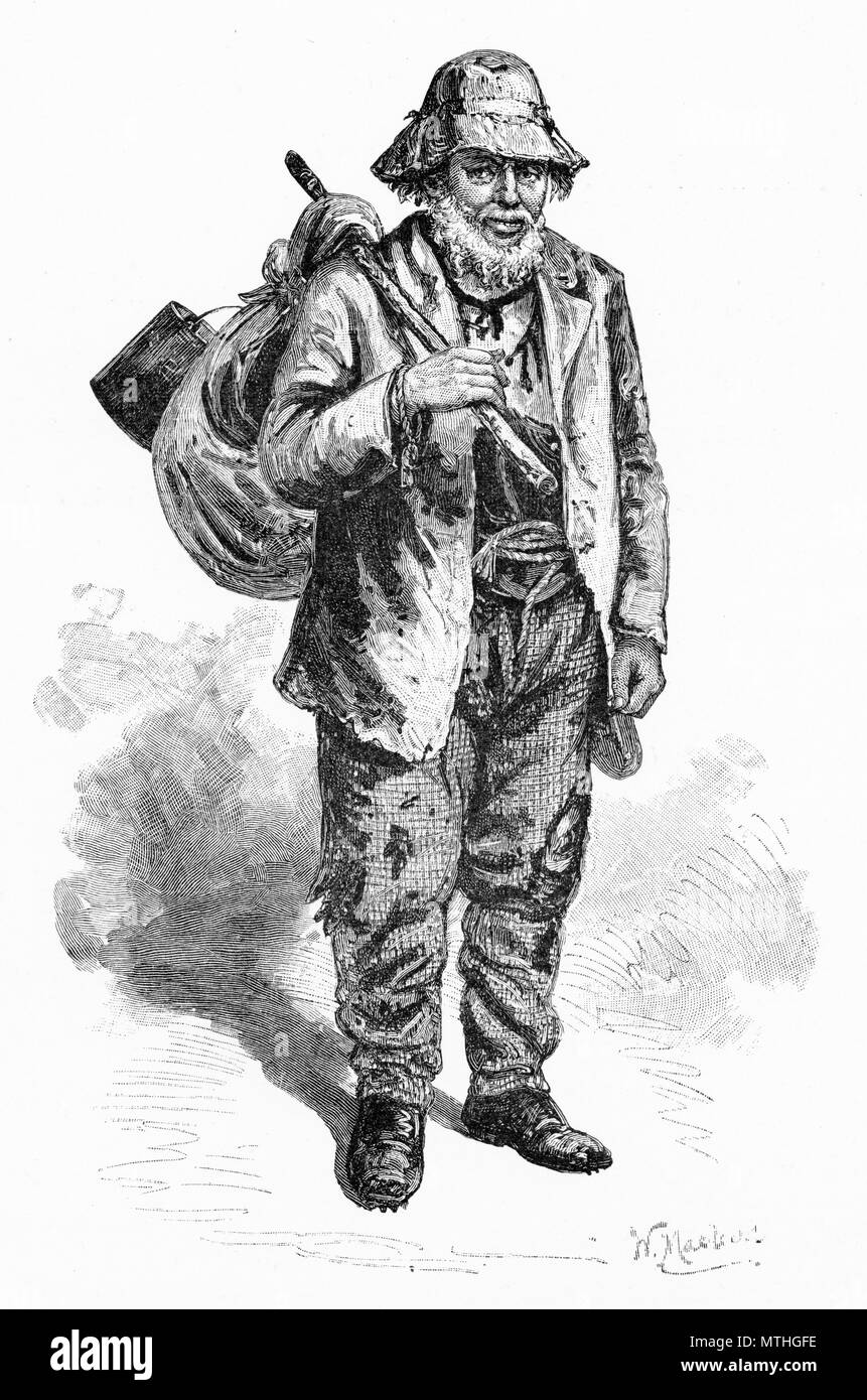 Engraving of a swagman travelling on the road, Australia. From the Picturesque Atlas of
