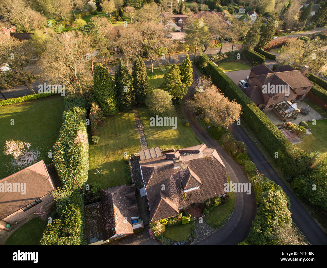Aerial view of houses in West Chiltington, West Sussex, in England