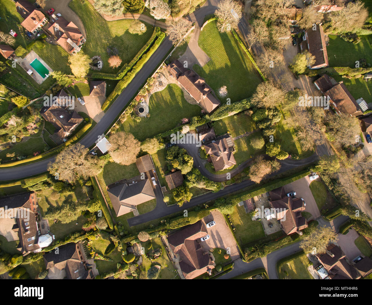 Aerial view of houses in West Chiltington, West Sussex, in England