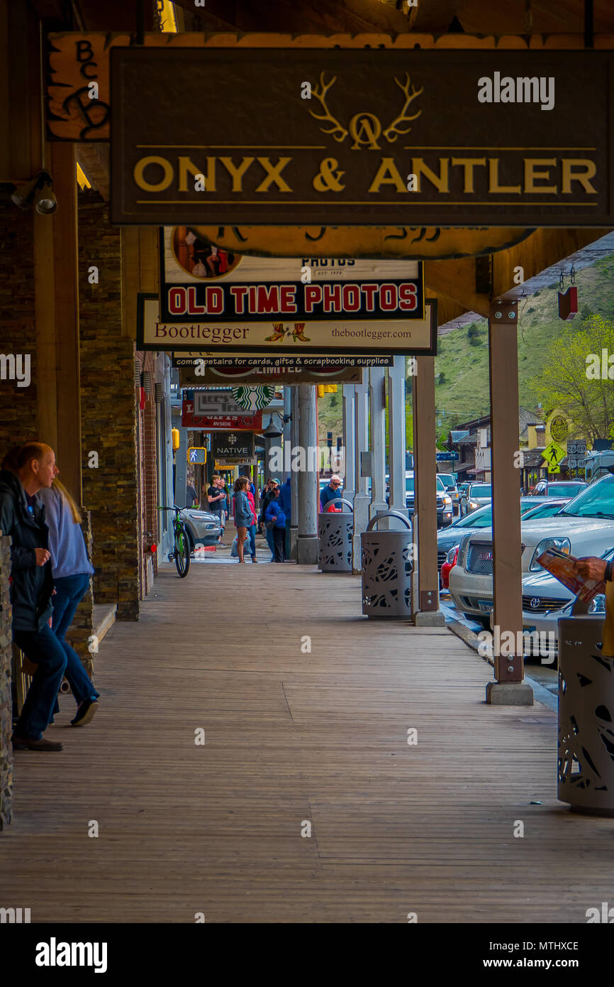 JACKSON HOLE, WYOMING, USA - MAY 23, 2018: Outdoor view of Legendary Million Dollar Cowboy Bar in center of Jackson Hole Stock Photo