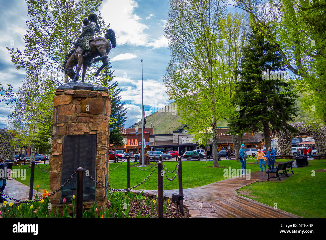 JACKSON HOLE, WYOMING, USA MAY 23, 2018 Outdoor view of tourist