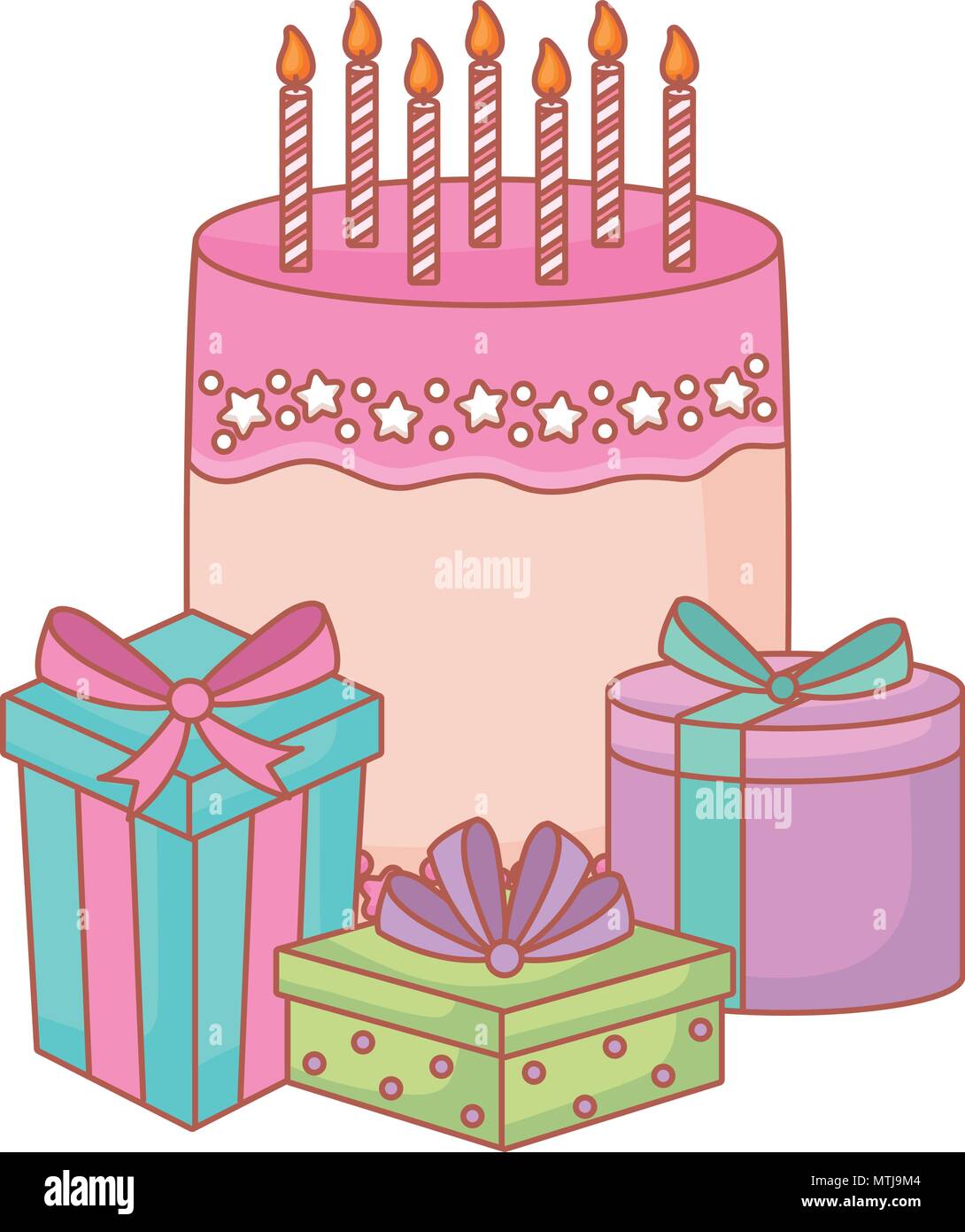 Happy birthday design with cake and gift boxes over white background ...