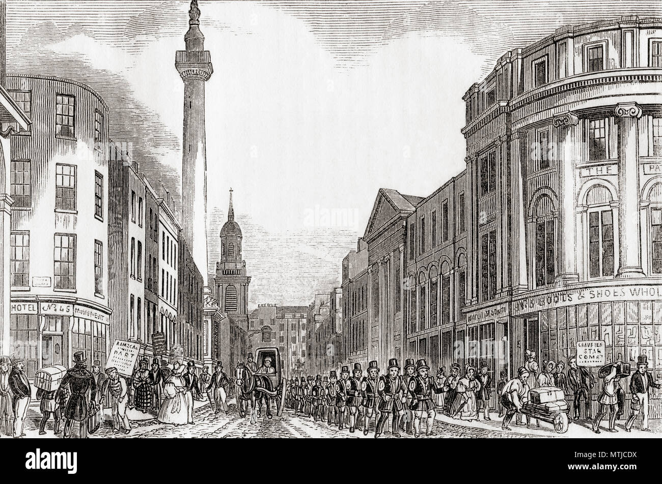 Old Fish Street Hill and the Monument to the Great Fire with members of the London Fire Brigade, London, England, 19th century.  From Old England: A Pictorial Museum, published 1847. Stock Photo