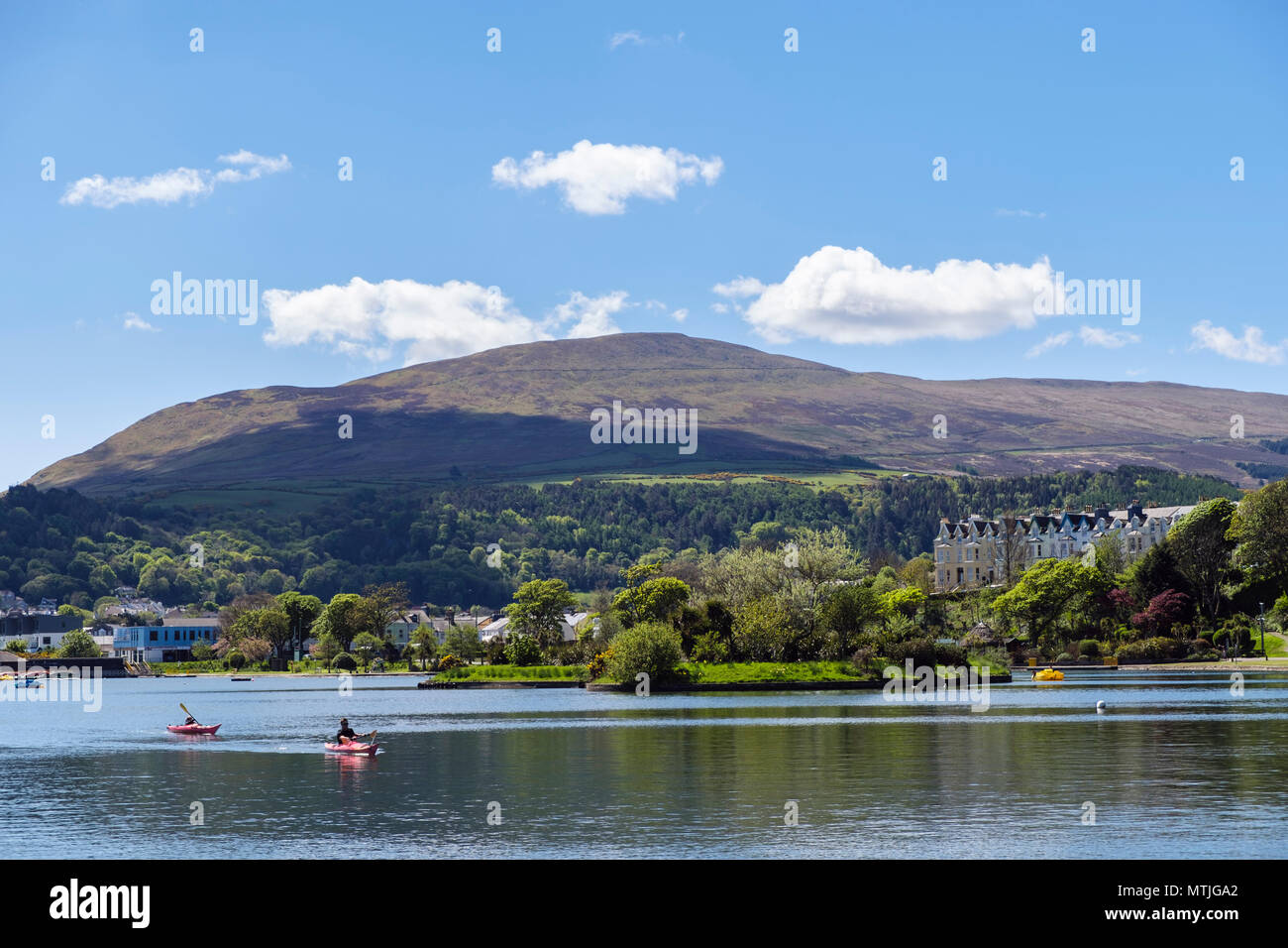 Kayaking on Mooragh lake in Mooragh Park, Ramsey, Isle of Man, British Isles Stock Photo