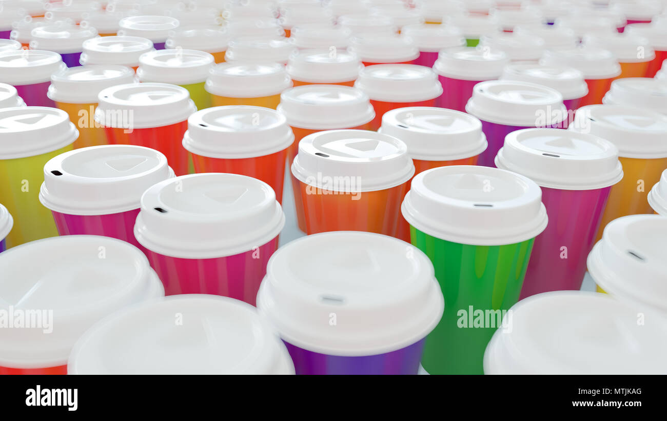 Lots of colorful coffee to go mugs - 3D Rendering Stock Photo