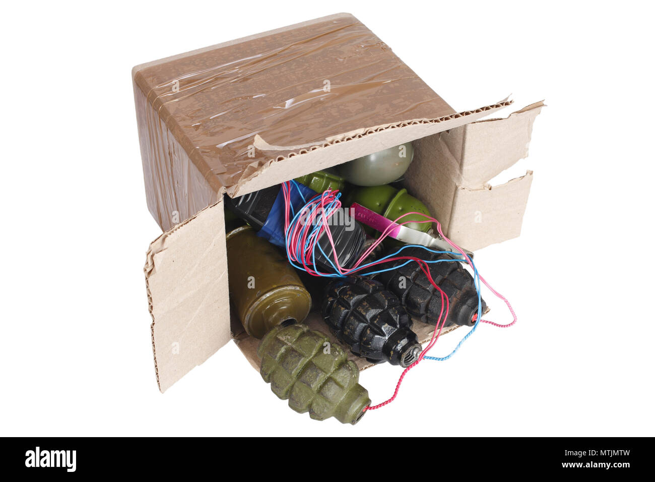 IED - Improvised Explosive Device in mailbox isolated on white Stock Photo