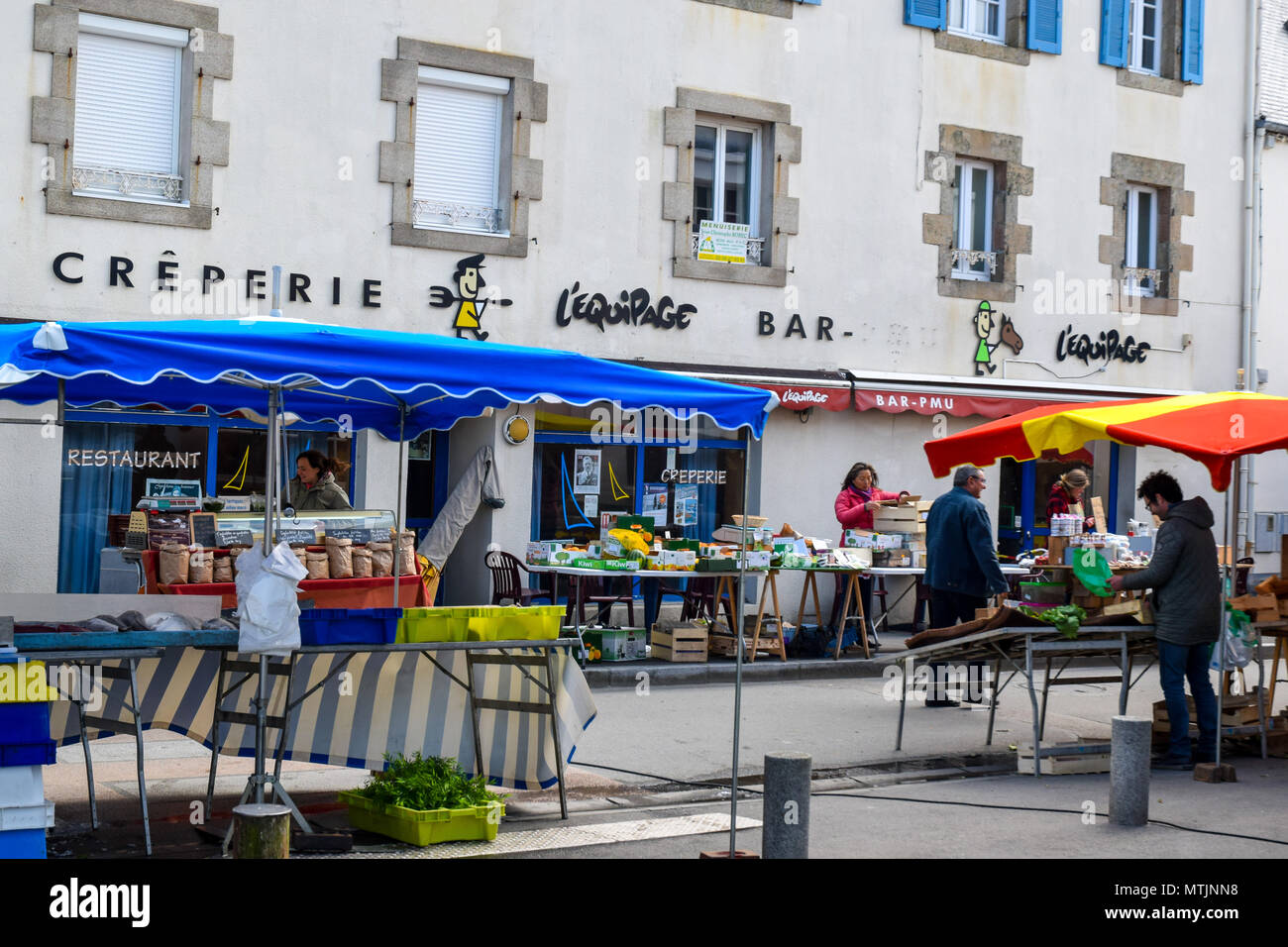 Thursday is the weekly market day for the tiny Finistere town of Carantec on the seacoast in Brittany, France. Stock Photo