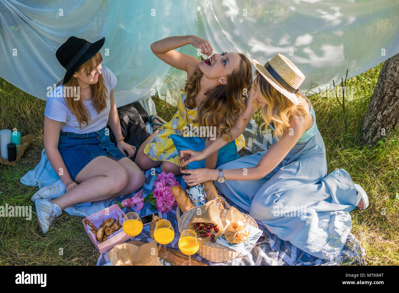 Group of girls friends making picnic outdoor Stock Photo