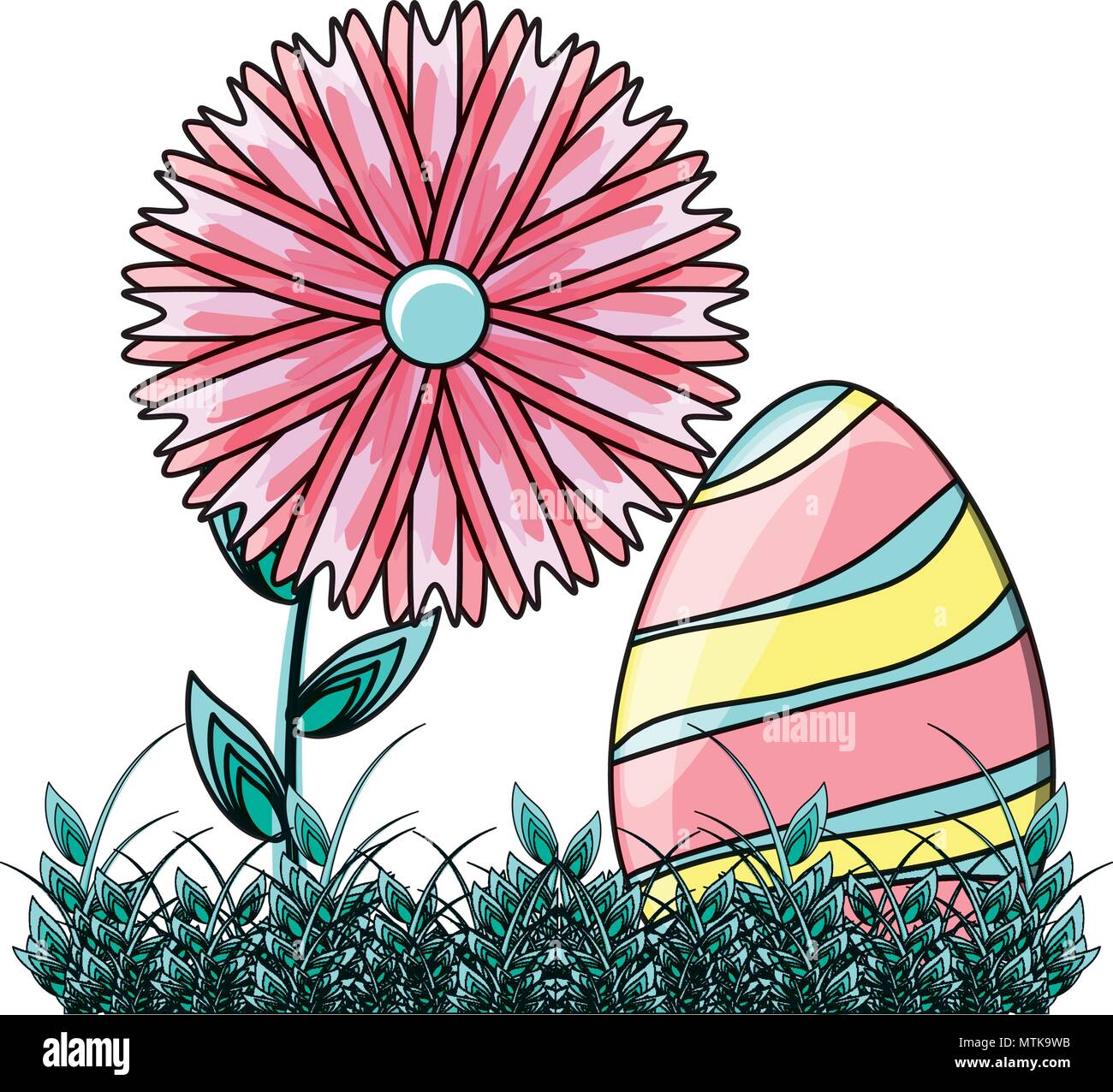 easter egg in the grass with a beautiful flowers over white background ...