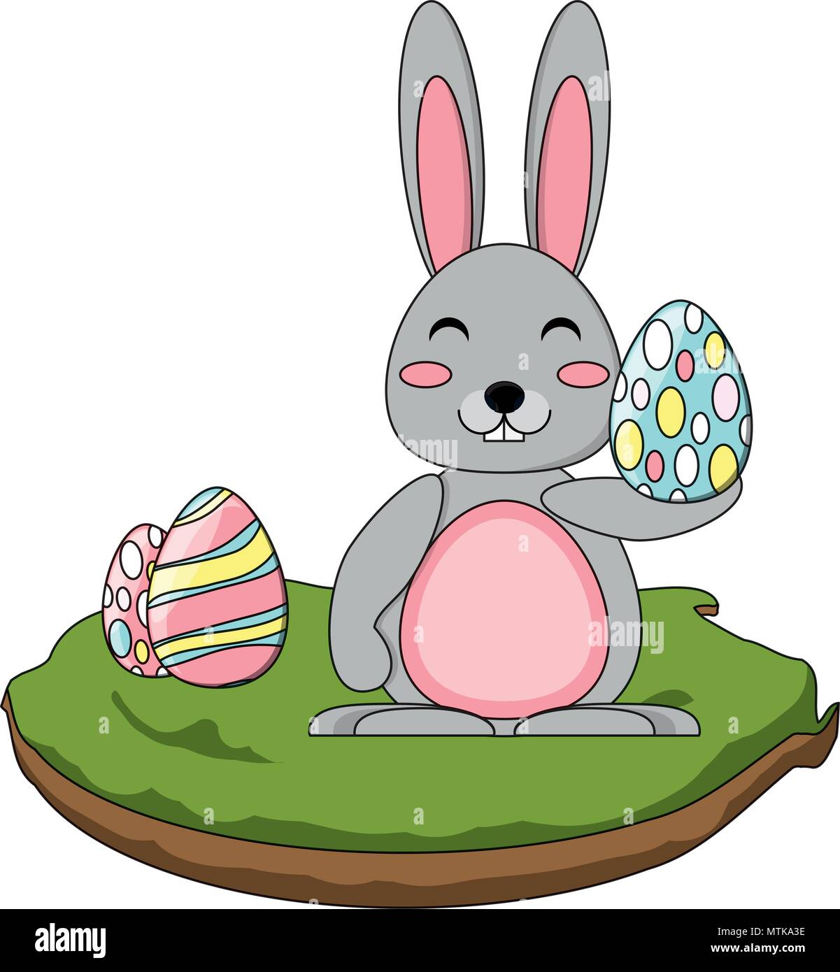 cute rabbit with easter egg in the grass over white background, vector ...