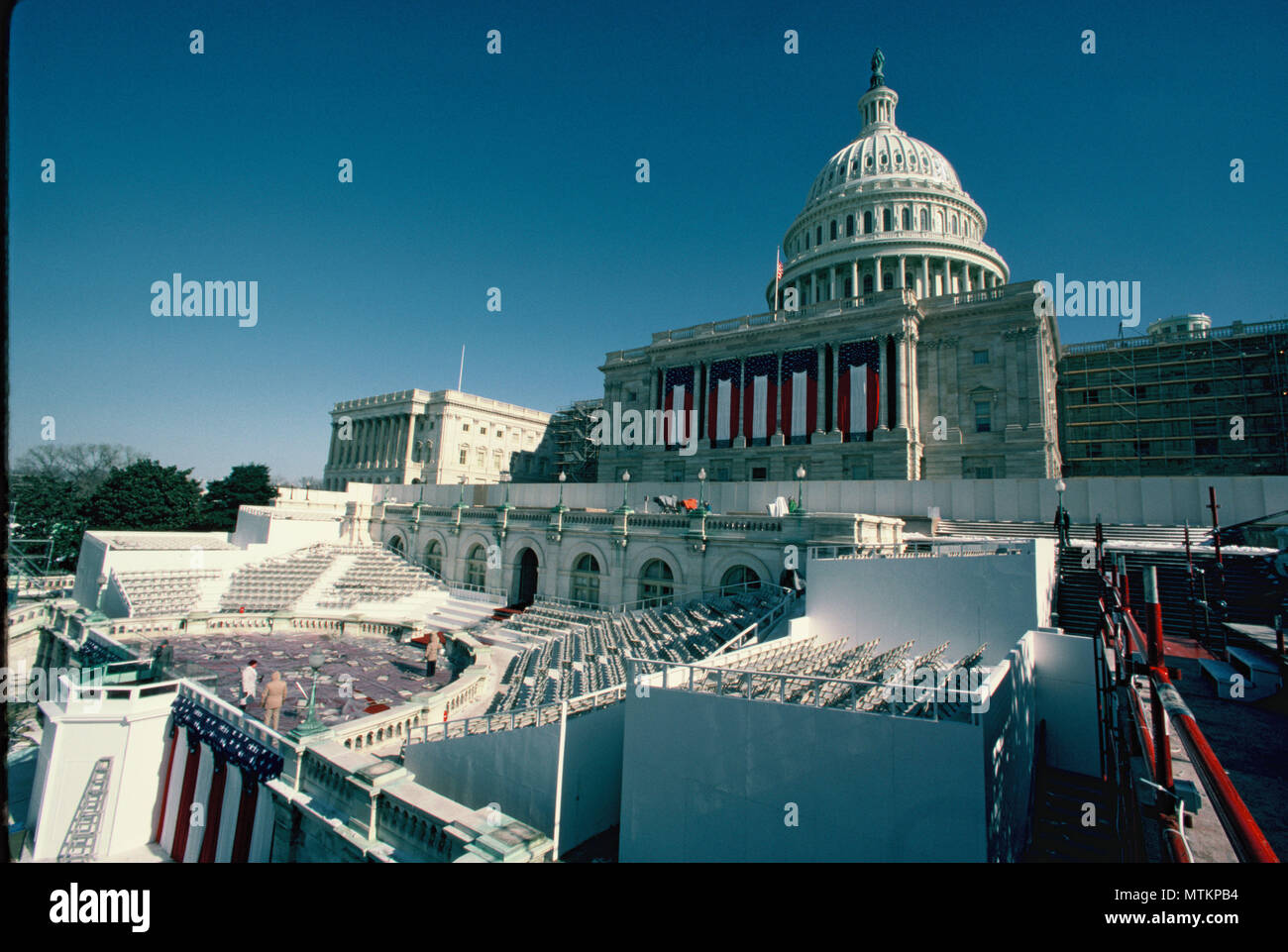 Washington, DC 1985/01/20 The unused Inuguration stands while the second  Inauguration of President Ronald Reagan is be held in the US Capitol  Rotunda. The event was moved inside due to the extreme