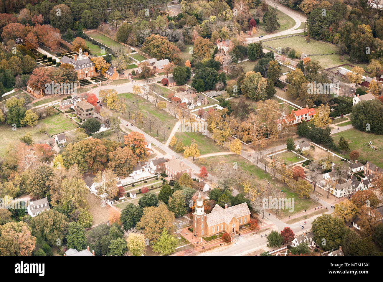 Aerial view of Colonial Williamsburg showing the Governor's Palace