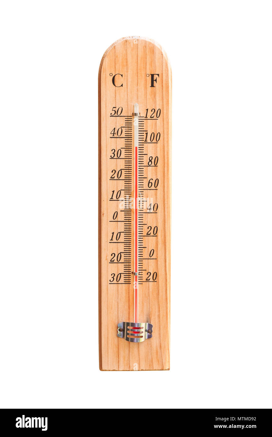 wooden thermometer on white background Stock Photo