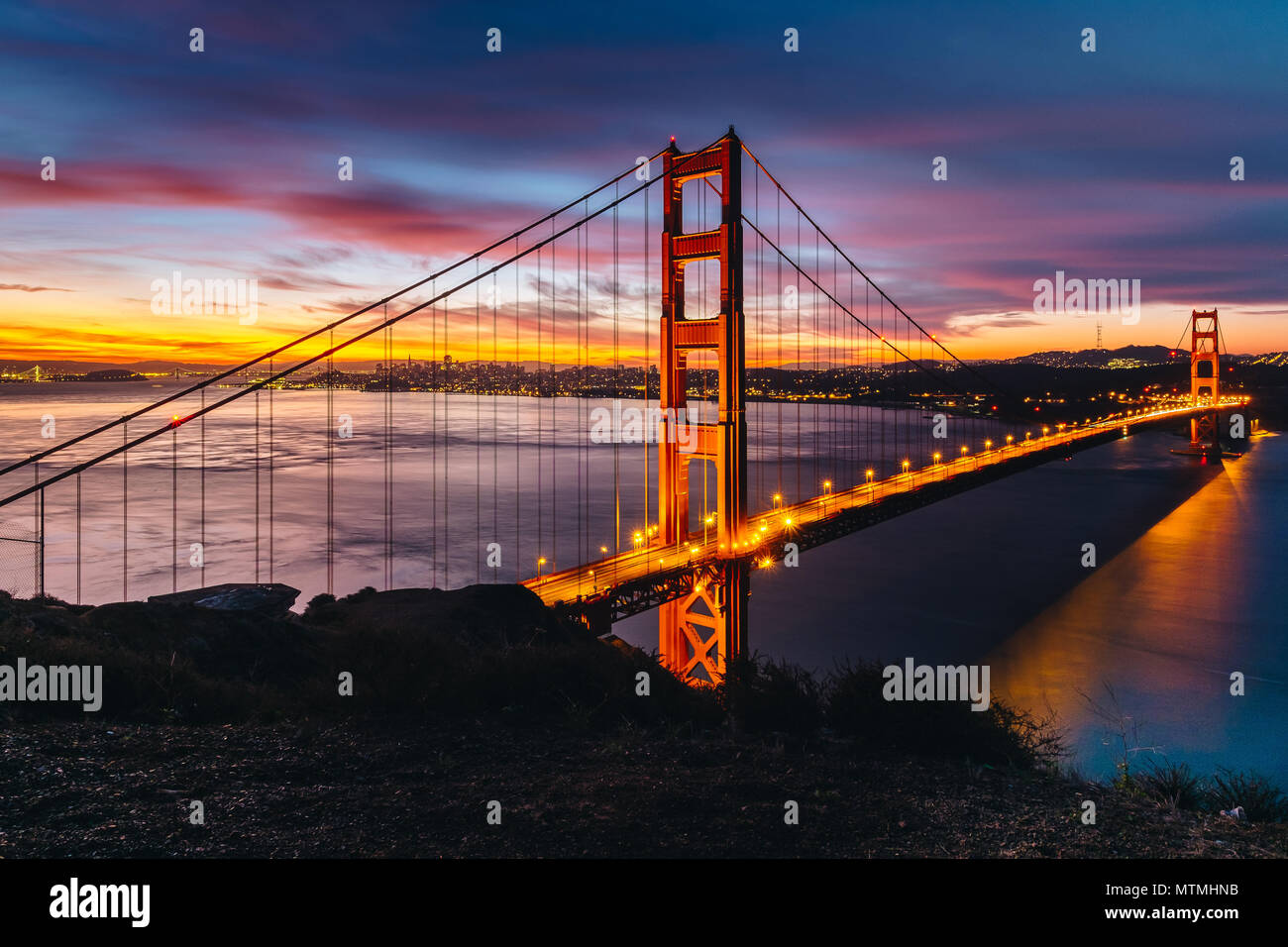 sunrise colorful time Golden gate bridge top view at Battery spencer