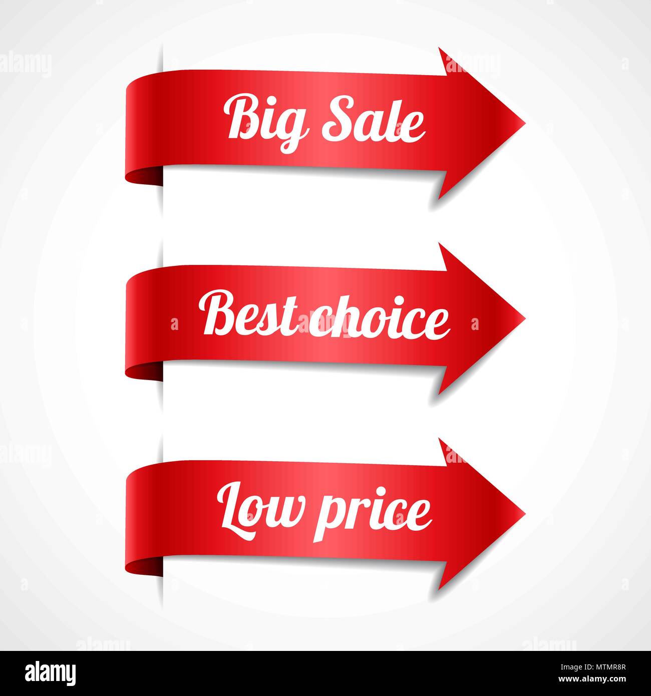 Set of decorative sale red ribbon arrows with text, vector illustration
