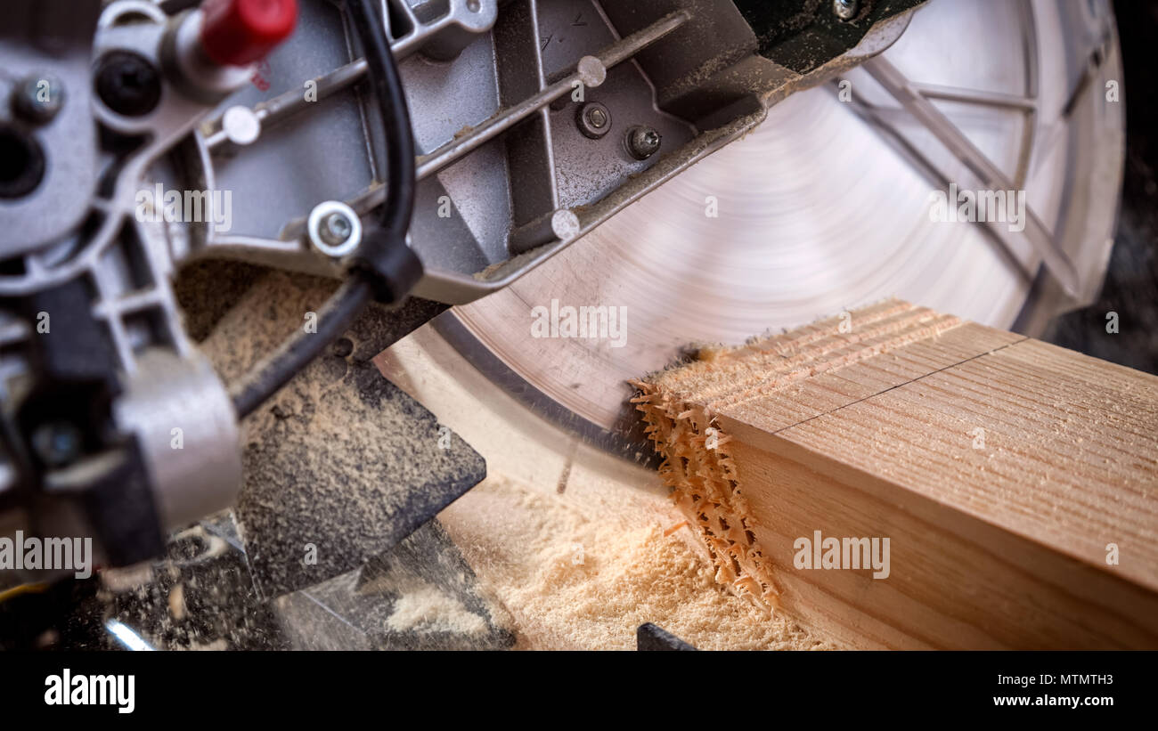 Close up of an experienced  carpenter using circular saw for cutting wooden boards. Stock Photo