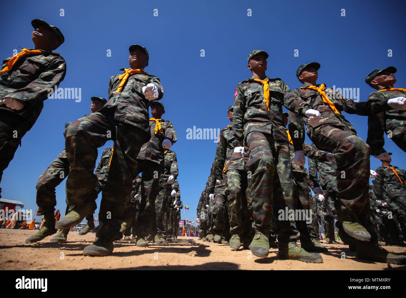 Prachinburi, Myanmar. 07th Feb, 2018. Shan State Army troops attend a ceremony to mark the 71 anniversary of Shan National Day, Feb. 7, 2018. Credit: Mauro Del Signore/Pacific Press/Alamy Live News Stock Photo