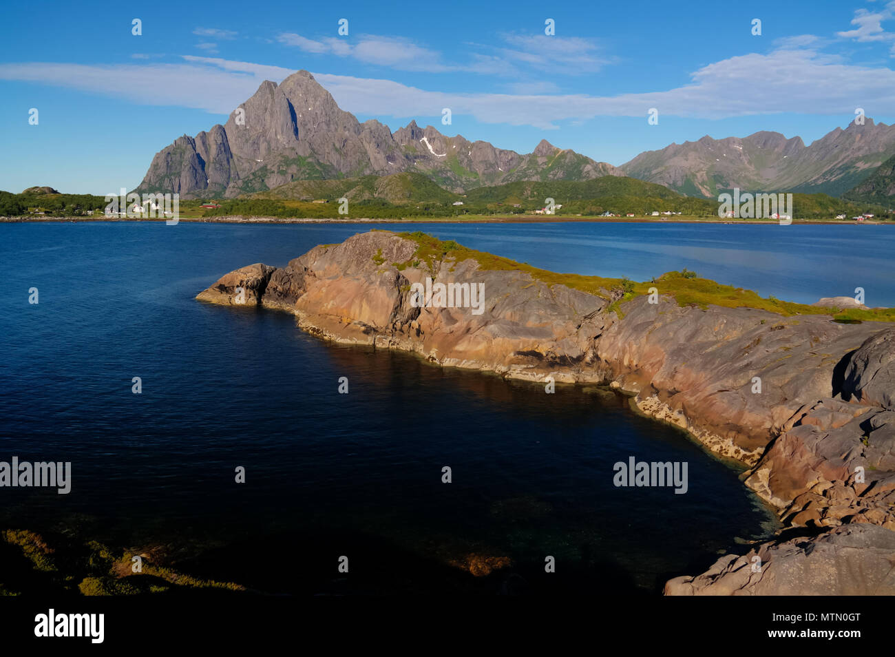 Panoramic view to Orsvagvaer village and Sandvika fjord , Austvagoy Island, Lofoten, Norway Stock Photo