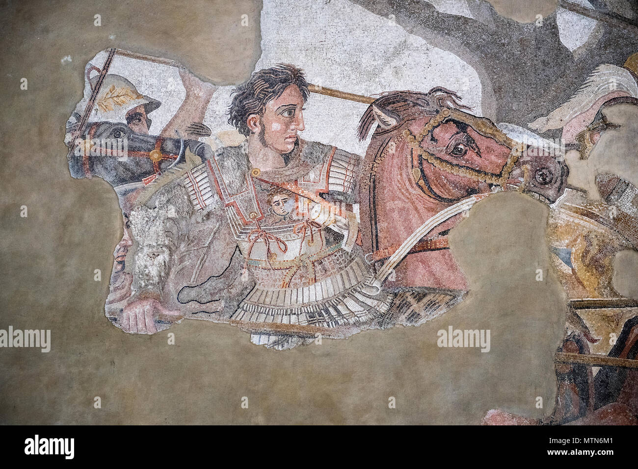 Naples, Italy - April 18, 2018. The Alexander the Great Mosaic inside the Naples Archaelogical Museum. Stock Photo