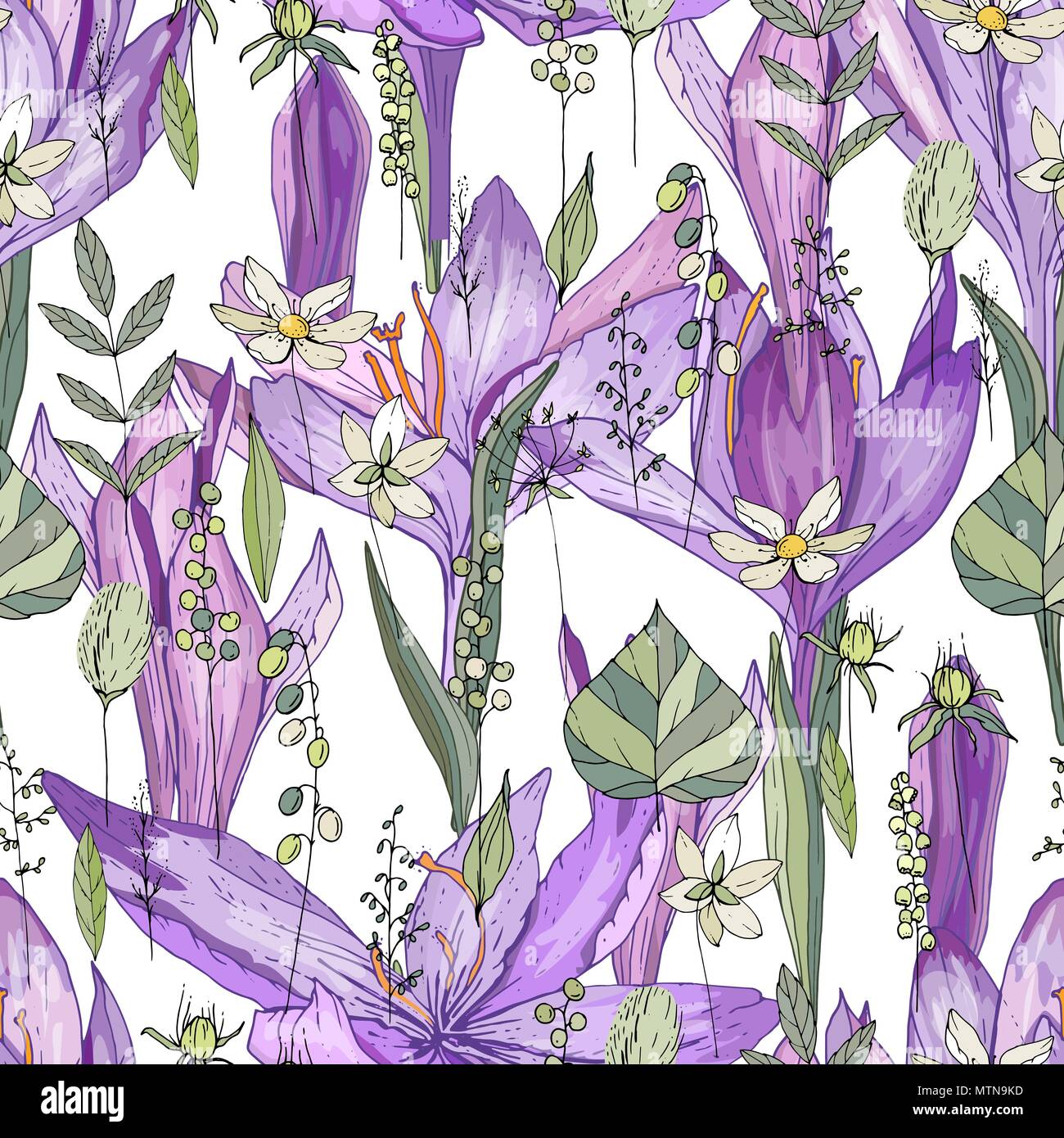 Seamless pattern with crocus and herbs. Endless texture for your design ...