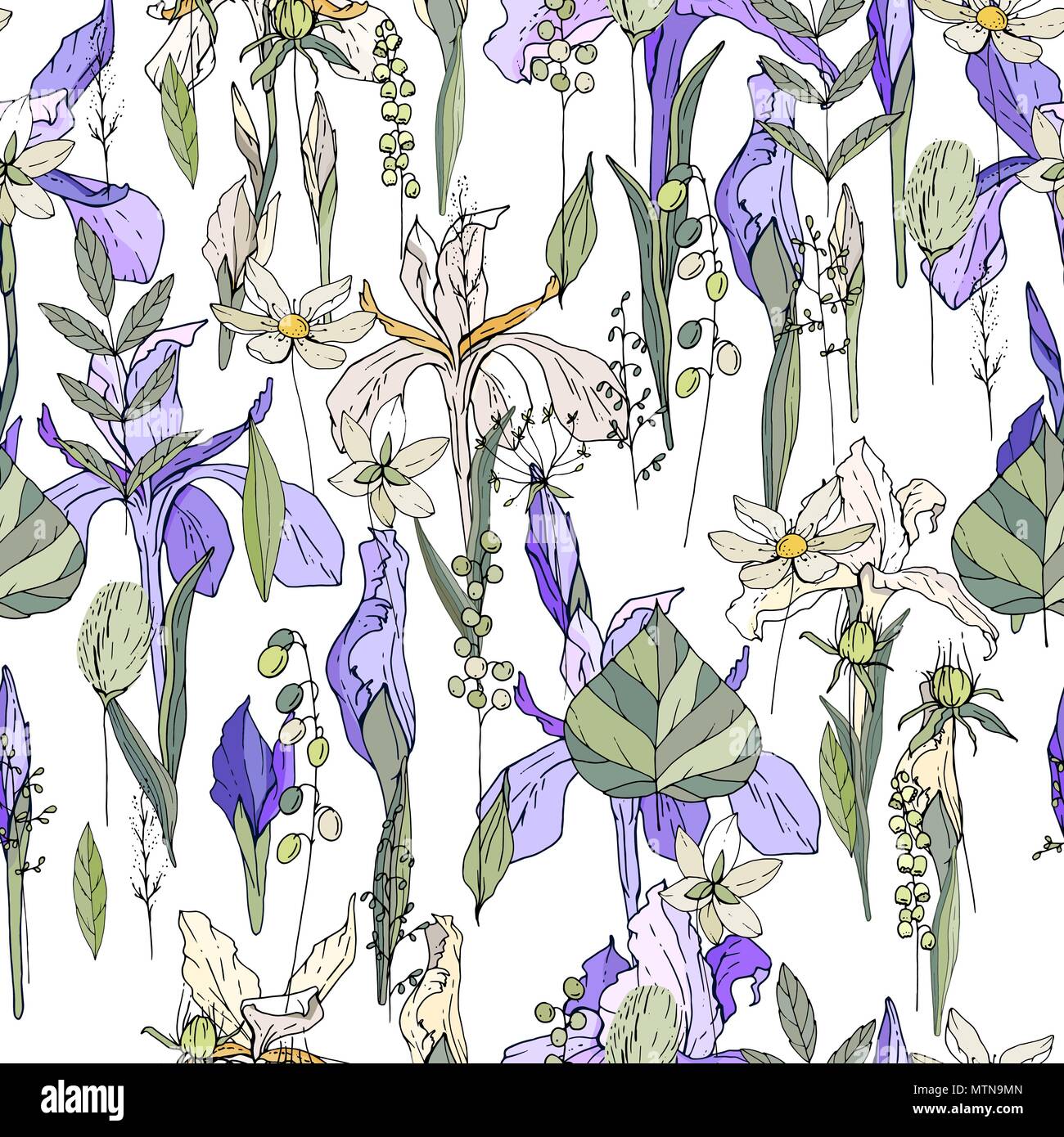 Seamless pattern with iris and herbs. Endless texture for your design Stock Vector