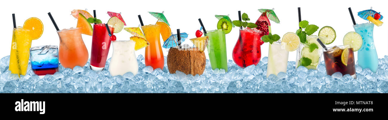 row of various colorful cocktails and long drink beverages in crushed ice cubes isolated on white background Stock Photo