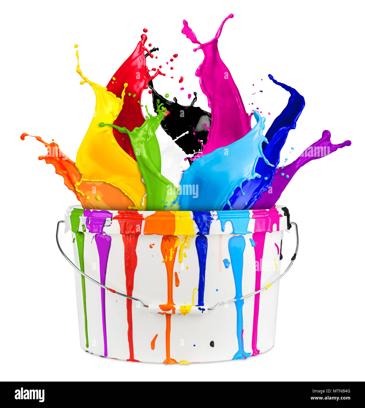white bucket with colorful rainbow color paint splashes isolated on white  background creative diy handyman renovation concept Stock Photo - Alamy