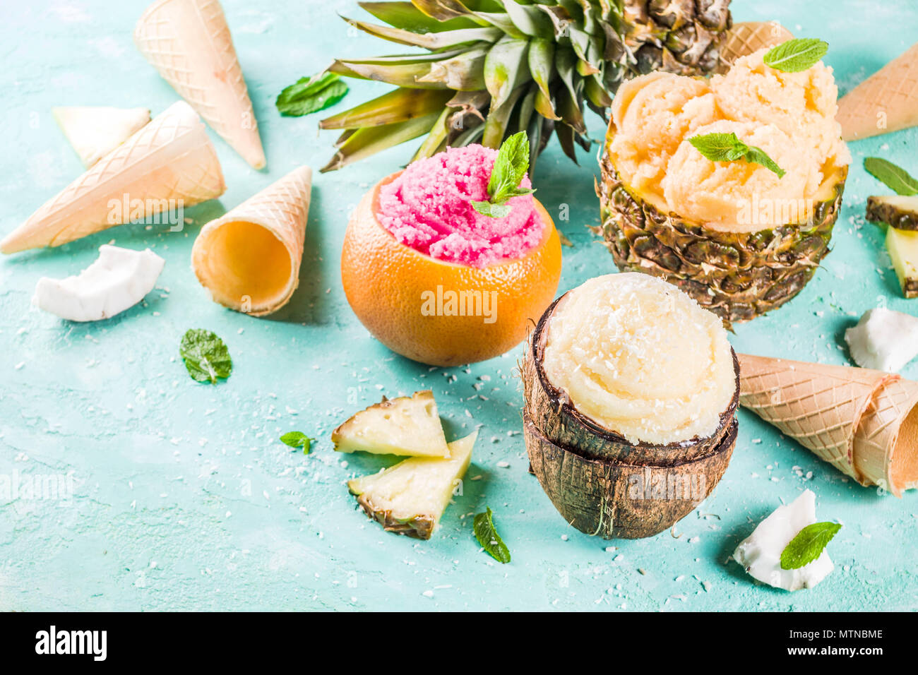 Summer holiday vacation concept, set various tropical ice cream sorbets
