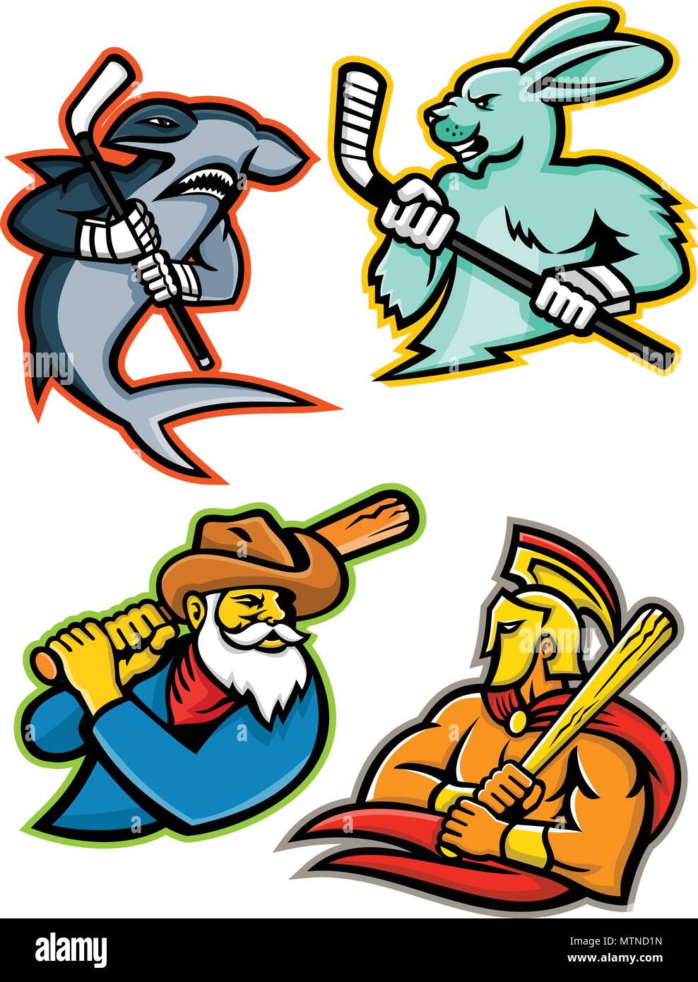 Mascot icon illustration set of  baseball and ice hockey team mascots showing a hammerhead shark and jackrabbit or hare ice hockey player, miner and T Stock Vector