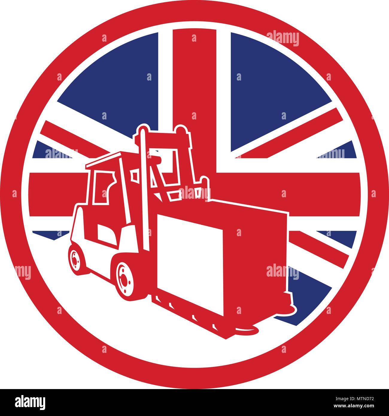 Icon retro style illustration of a British logistics operations with forklift truck with United Kingdom UK, Great Britain Union Jack flag set inside c Stock Vector